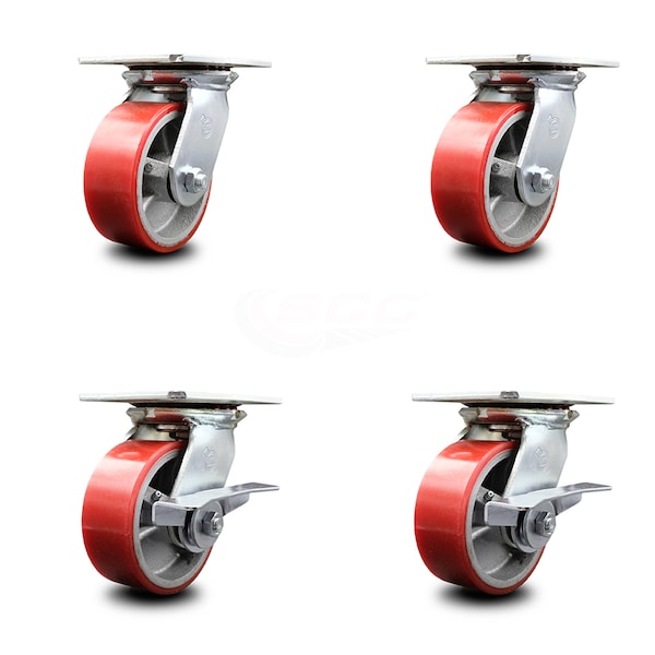 5 Inch Red Poly on Cast Iron Swivel Caster Set with Ball Bearings 2 Brakes SCC